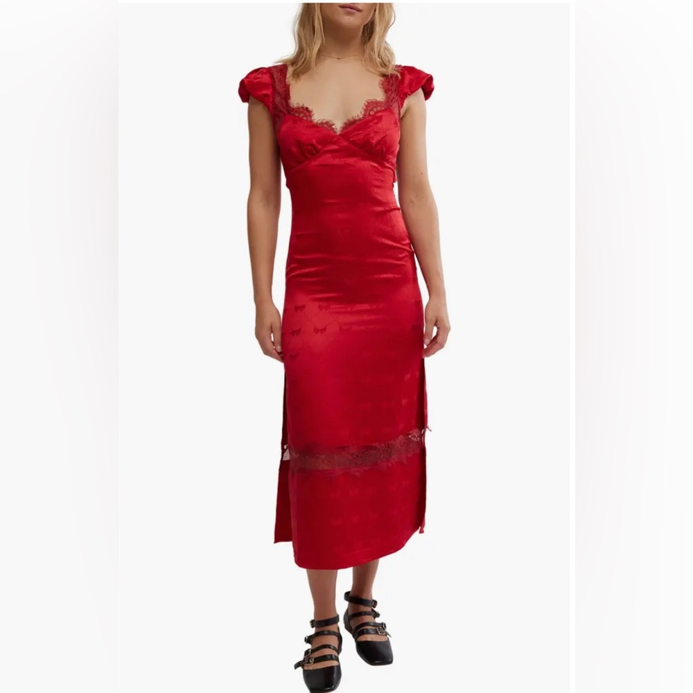 Free People Red Satin Lace-Trim Midi Dress
